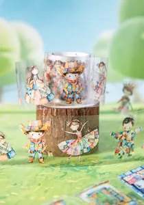 Macro view of PET decorative tape with pastoral patchwork character on a wooden log