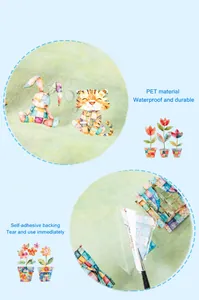 Macro detail of waterproof PET stickers featuring cute cartoon animal and floral designs