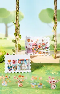 Detail of 3D layered stamp-shaped DIY stickers featuring cute cartoon and floral patterns