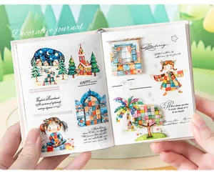 Detail showing patchwork style illustrations and decorative elements on a journal page