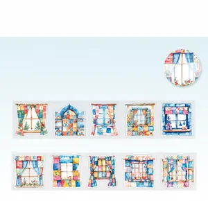 Detailed PET tape display showing watercolor window designs and plant patterns