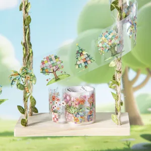 Patchwork style PET decorative tape with colorful trees and flower patterns for DIY journals