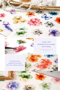 Macro view of waterproof PET floral stickers featuring lotus and peony for DIY journaling