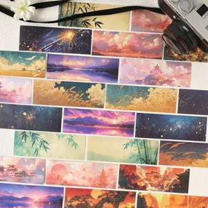 Artistic landscape scrapbook stickers with nature imagery and vintage camera aesthetic