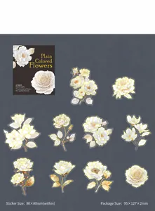 Detailed set of 10 gold-foiled white floral PET stickers for DIY scrapbooking decor