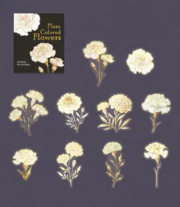 Detail of 10-piece PET flower stickers with gold foil stamping on dark background