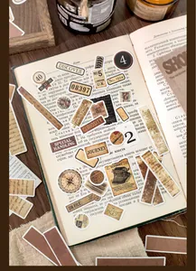 Macro view of vintage collage stickers with old book pages and antique compass patterns