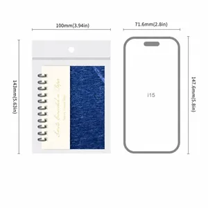 Detailweergave van de afmetingen 100x143mm naast een mobiele telefoon ter referentie