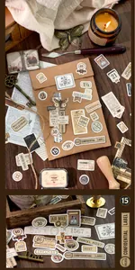 Close-up of vintage aesthetic stickers with air mail stamps and antique tags for journaling