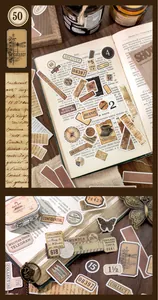Detail of vintage collage stickers featuring retro typewriters and butterflies on scrapbooks