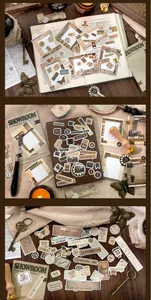 Detail of vintage collage stickers featuring retro film frames and butterfly motifs