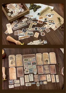 Close-up of vintage collage stickers featuring retro cameras, butterflies and scripts