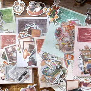 Pack de pegatinas retro tema café para álbumes de recortes en fondo de madera oscura