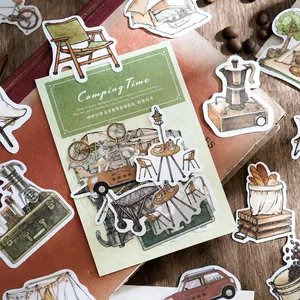 Set de pegatinas retro con temática de camping y café en material dual premium