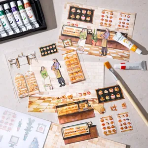 Artistic bakery themed sticker book set with hand-drawn dessert and cafe shop illustrations