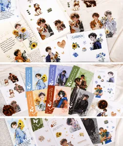 Detailed retro character and botanical scrapbooking stickers for DIY creative journals