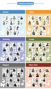 Detailed grid showing six aesthetic anime boy sticker themes with floral elements