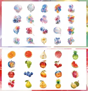 Detalle de pegatinas PET impermeables con patrones de globos y frutas y medidas