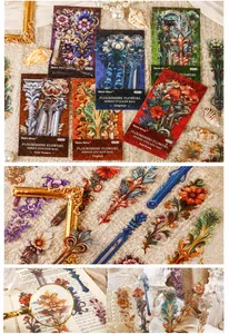 Détail de stickers PET floraux vintage avec motifs de roses classiques pour scrapbooking