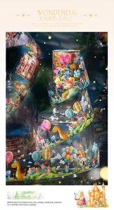 Detail of transparent fairy tale PET tape showing castle and balloon designs on glass