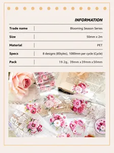 Especificaciones de cinta PET floral con primer plano de motivos de flores rosas
