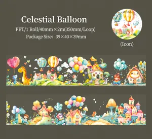 Detailed view of Balloon Skyline PET tape with watercolor hot air balloons and mushroom houses