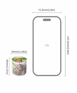 Detailed view of fairy tale washi tape with size comparison against a mobile phone frame