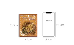 Size comparison of maple leaf sticker pack with dimensions and smartphone scale