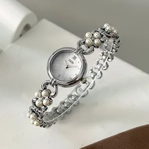 Women Fashion Artificial Pearl Bracelet Watch Alloy Quartz Wristwatch Elegant Vintage Floral Chain Jewelry Wrist Watch For Ladies