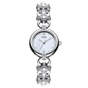 Elegant GEDI quartz watch for women with pearl chain bracelet and minimalist silver dial