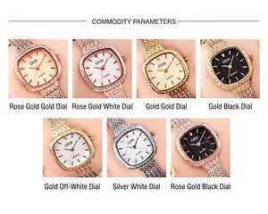 Grid display of small square quartz watches with mesh bands in seven assorted colors