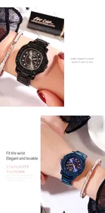 Détails de montres carrées avec strass noir et bleu et bracelet en métal poli