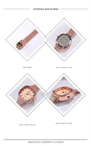 Detail view showing the square rose gold watch dial and woven mesh steel strap texture