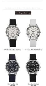 Detailansicht von vier Quarzuhren mit römischen Ziffern und Silikonarmbändern in Farben