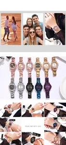 Vues détaillées de la montre de luxe carrée pour femme avec bracelet en acier étoilé