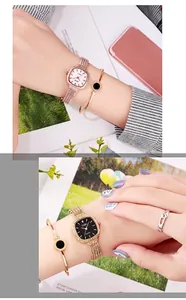 Close-up of elegant square dial ladies watches with rose gold mesh bands and bracelets