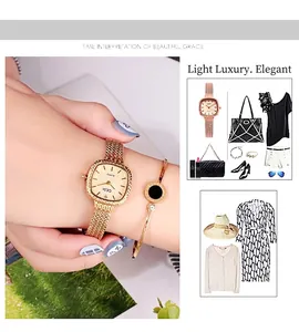Detail of rose gold square watch with mesh strap and matching cuff bracelet on wrist