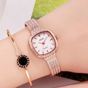 Elegant rose gold square dial watch and matching bangle set with woven mesh strap