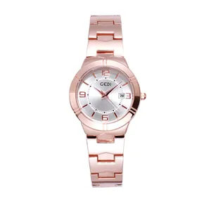 GEDI luxury rose gold quartz watch for women with waterproof steel strap and calendar