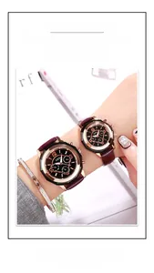 Detail of GEDI rose gold watch with purple leather strap and a diamond-set open bracelet