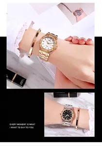 Coffret montre de luxe pour femme avec lunette octogonale en cristal et bracelet doré