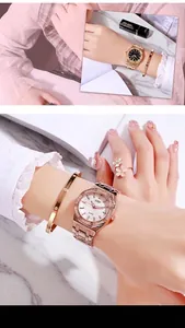 Gros plan d'un coffret montre or rose avec lunette en strass et cadran à texture grillagée