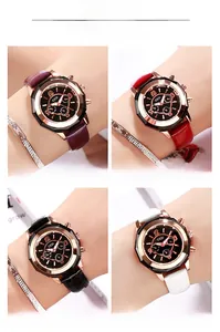 Close-up of four stylish women watches with leather bands and rose gold cases