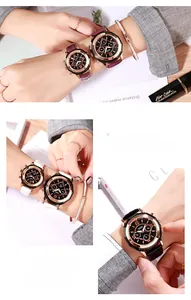 Octagonal rose gold watch with multi-dial black face and colorful leather straps
