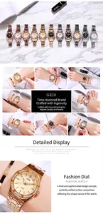 Détails de la montre à quartz luxe pour femme avec lunette sertie et bracelet métallique