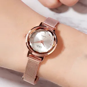 Orologio al Quarzo da Donna di Moda Specchio in Vetro Minerale Taglio Diamante Cinturino in Maglia d'Acciaio Strass Orologio