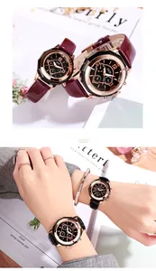 Detail of GEDI quartz watch with rose gold bezel and multi-eye dial on leather straps