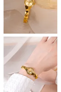 Détail de la montre GEDI à quartz dorée avec bracelet et boîtier géométrique poli