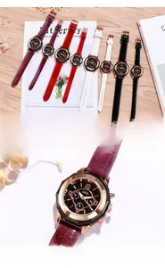 Detail of GEDI quartz watch featuring polygonal faceted glass case and leather strap