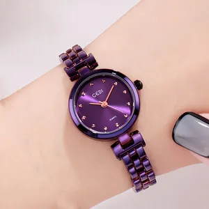 Elegant rose gold steel watch for women with deep purple sunray dial and diamond accents